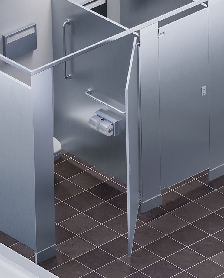 Stainless steel bathroom partitions, like the ones shown here in this immaculate restroom, are a smart choice for any business's bathroom.